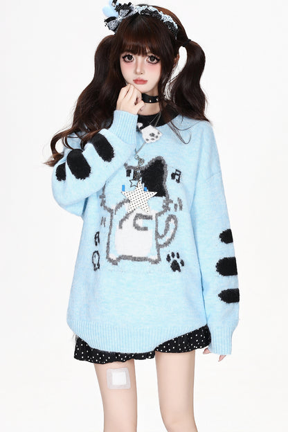 Cat Round-Neck Loose Knit Sweater