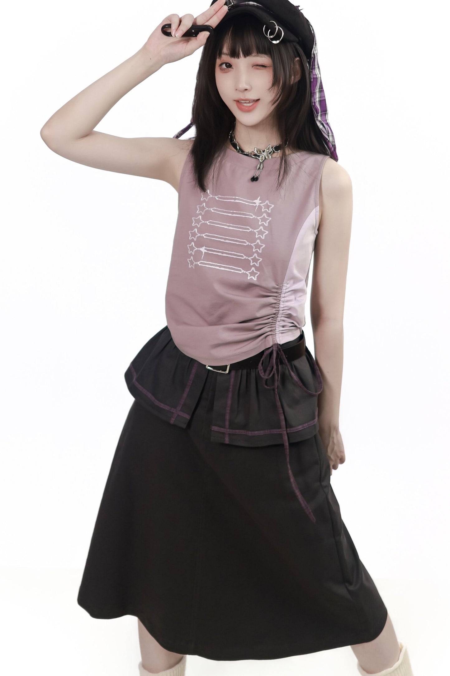 Gray-Purple T-Shirt With Skirt and Pants Set-Up