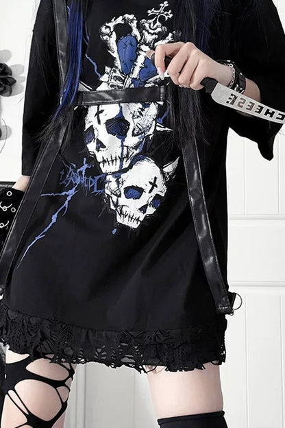 Loose Short-Sleeve Belted Patchwork T-Shirt