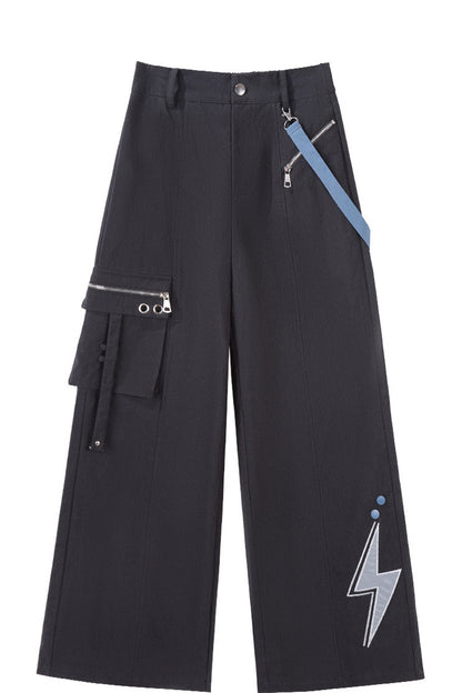 Schwarz-blaues Colorblock-Workwear-Jacken-Sweatshirt und weite Hose im Set