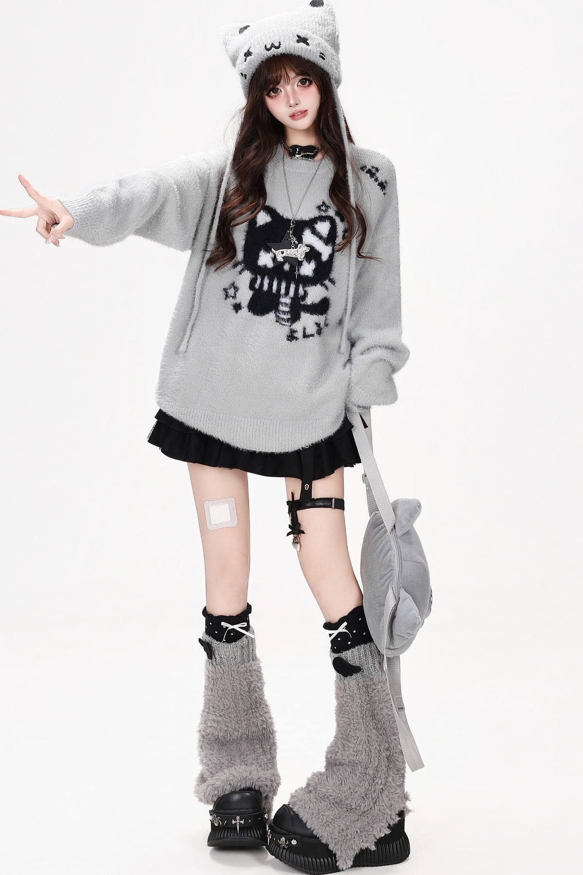 Cat Jacquard Loose Knit Pullover Sweater