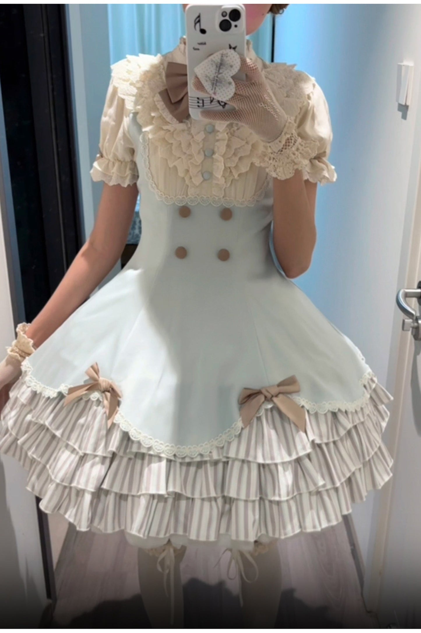 Lace Stand Collar Petal Hem Ruffle Dress