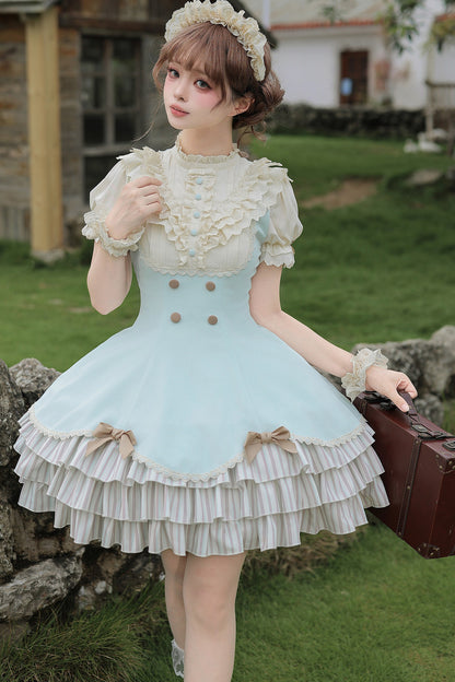 Lace Stand Collar Petal Hem Ruffle Dress