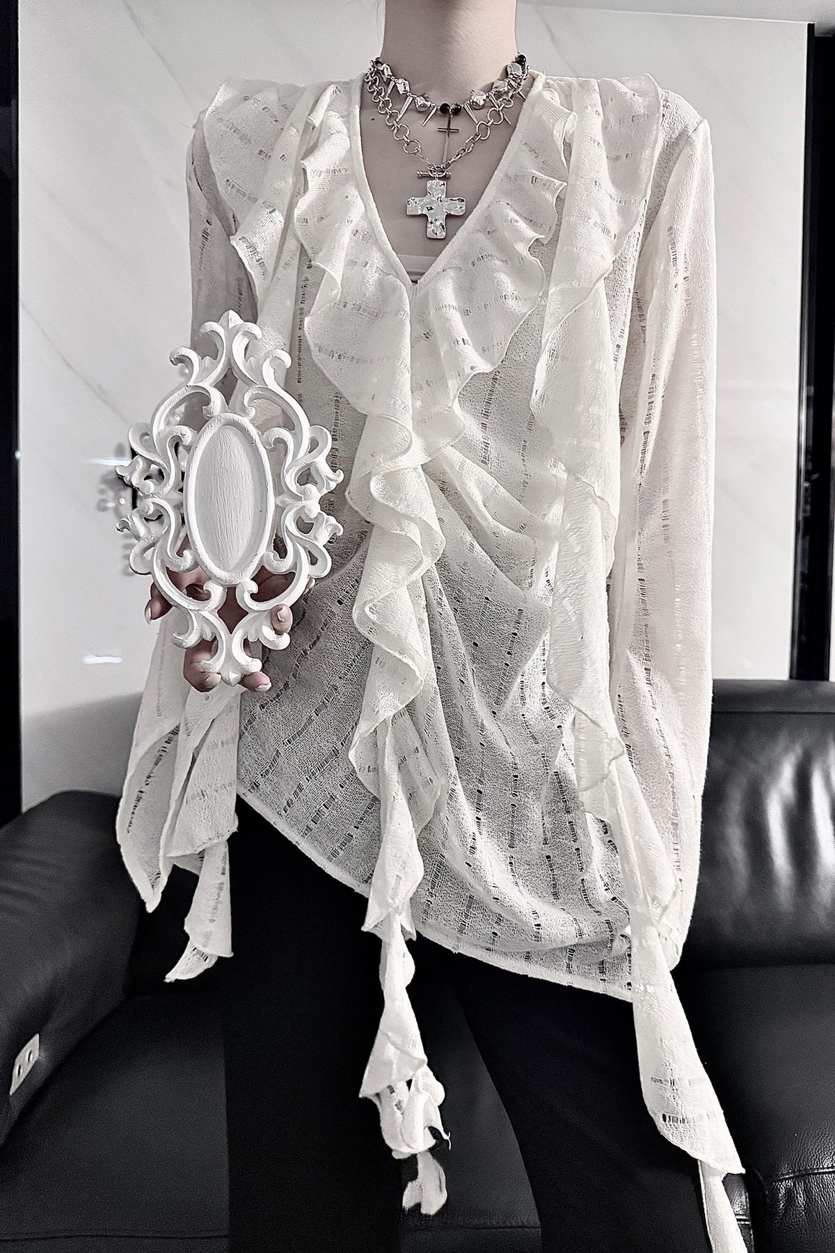Ruffle V-Neck Lace Blouse