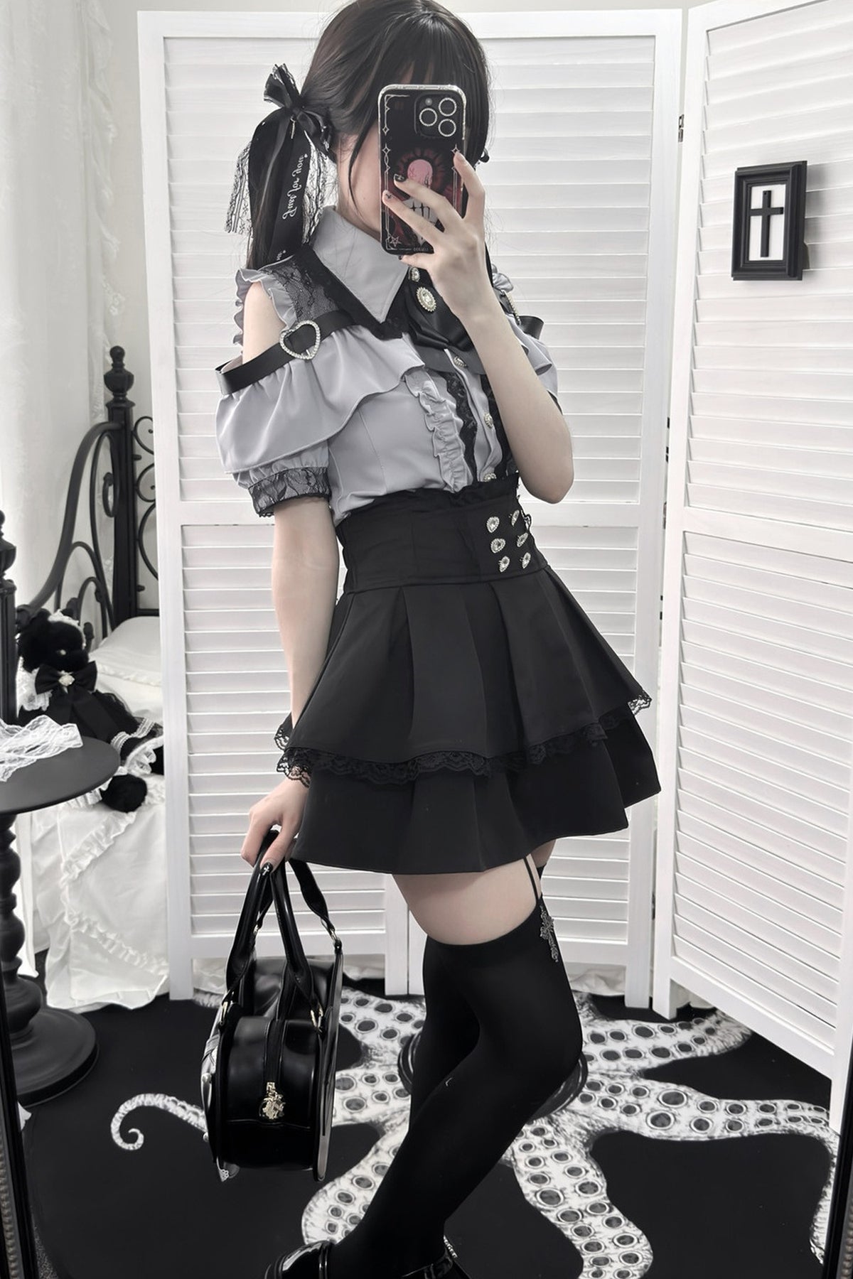 Cherry Short-Sleeve Shirt and Skirt Set-Up