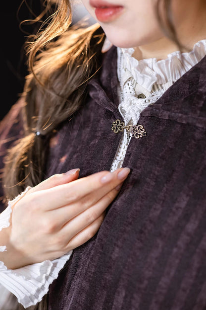 Purple Black Striped Velvet Hooded Cape