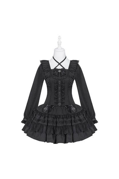 Lace Long Sleeve Cross-Tie Bow Dress