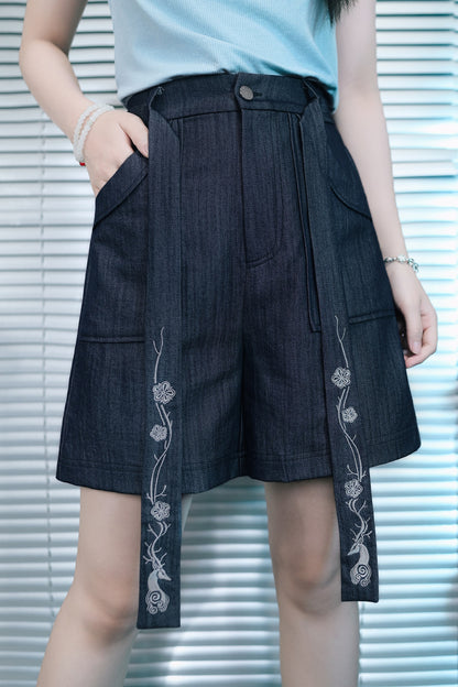 鹿刺繍リボンデニムショートパンツ