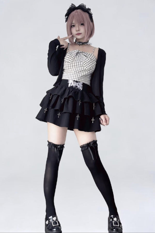 Plaid Camisole Jacket and Cross Skirt Set-Up