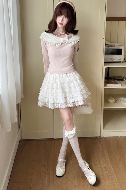 Cat Plush Collar Halter Knit Top and Skirt Set