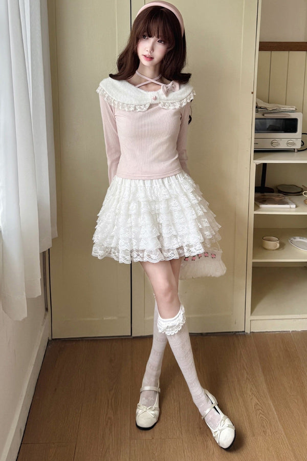 Cat Plush Collar Halter Knit Top and Skirt Set