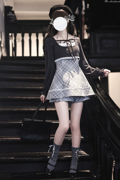 Knit Cardigan And Plaid Suspender Dress Set-Up