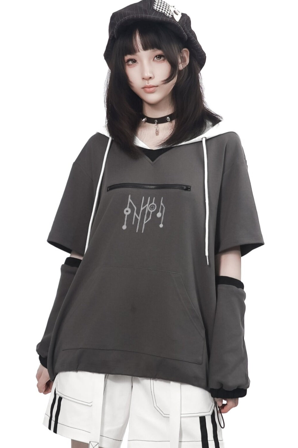 Gray Functional Stand Collar Zipper Short-Sleeve Set-Up