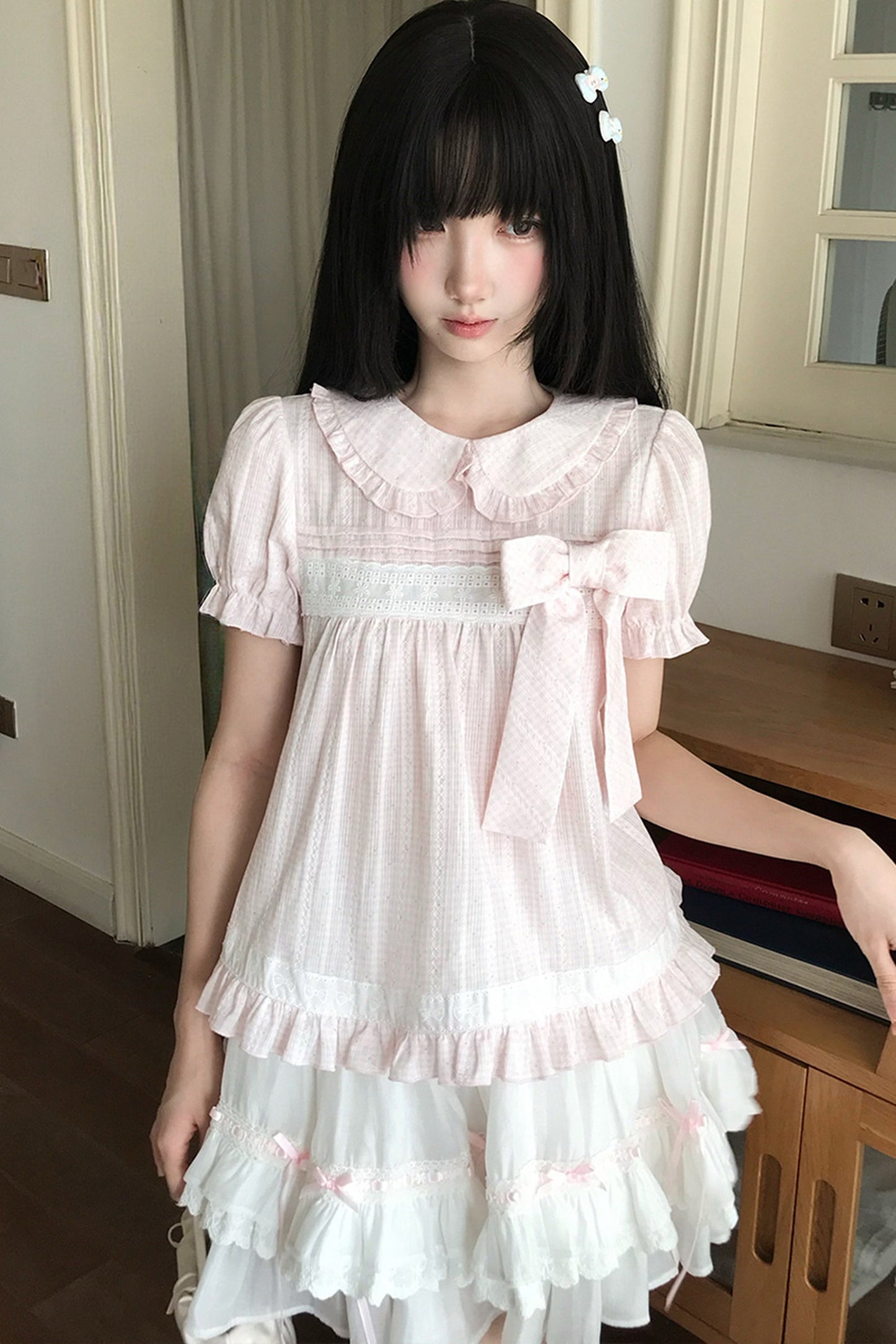Loose Peach Textured Plaid Doll Shirt And Lace Dress Set-Up