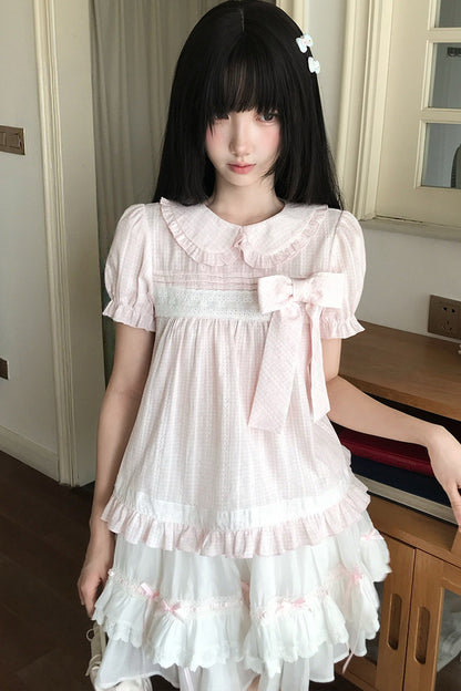 Loose Peach Textured Plaid Doll Shirt And Lace Dress Set-Up