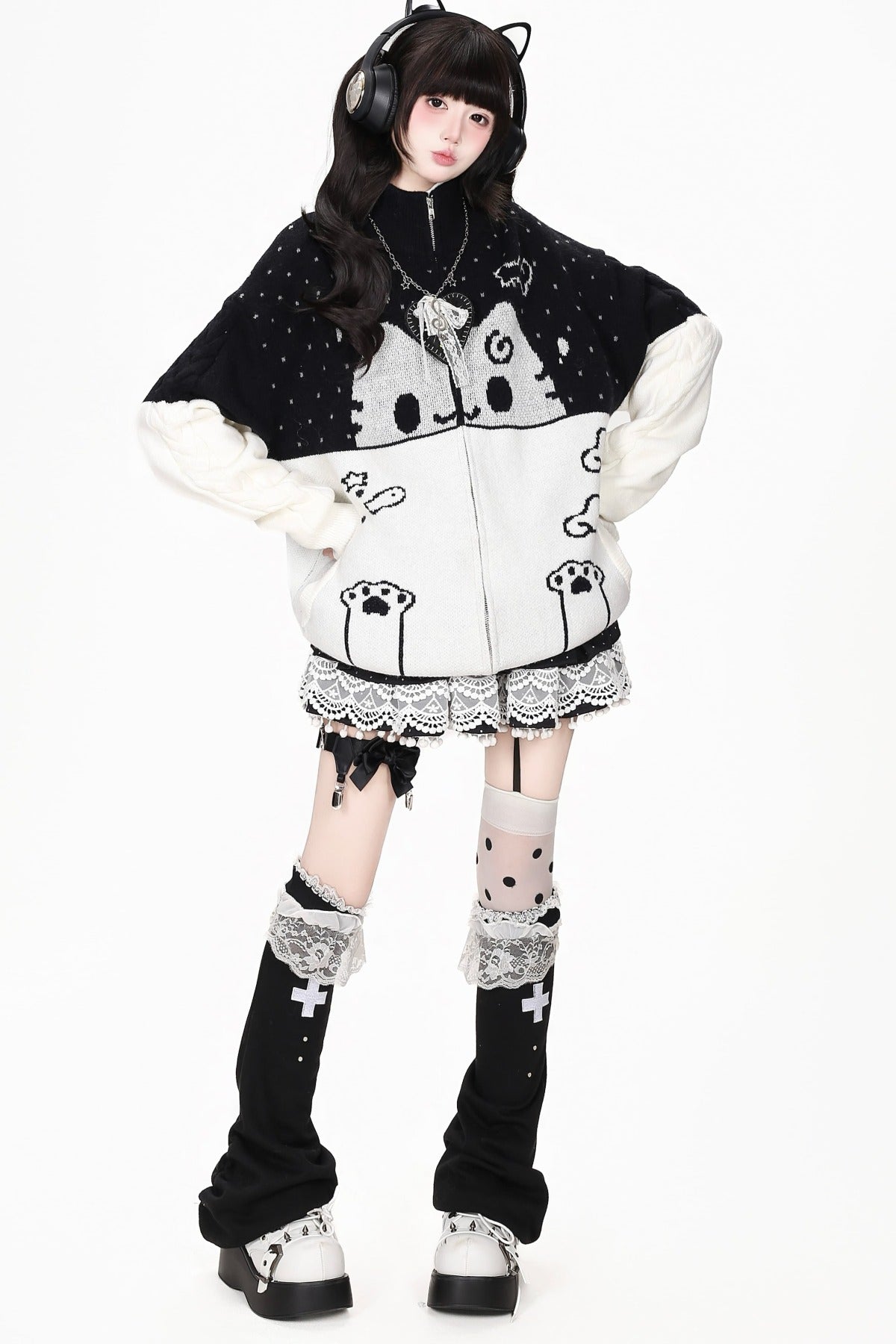 Cat Themed Color-Block Knit Cardigan