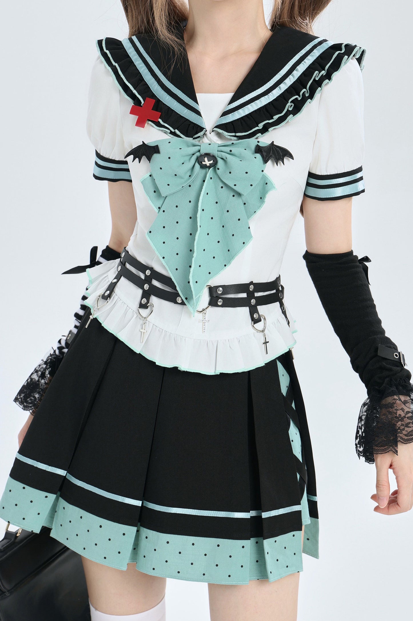Cyber Dream Bat Polka Dot Sailor Top and Skirt Set-Up