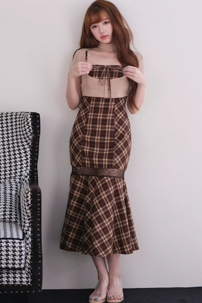 [Vorbestellung] Klassisches kariertes langes Kleid + Cardigan