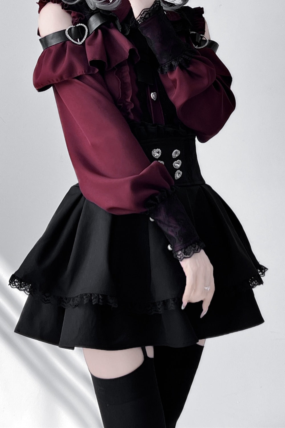 [Pre-order] Cold Shoulder Heart Buckle Long Sleeve Ruffle Lace Blouse with Bow Tie + Lace-Trim Pleated Mini Skirt Set