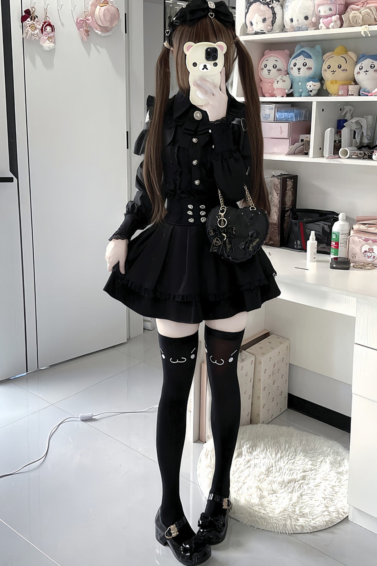 [Pre-order] Cold Shoulder Heart Buckle Long Sleeve Ruffle Lace Blouse with Bow Tie + Lace-Trim Pleated Mini Skirt Set