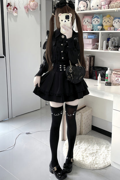 [Pre-order] Cold Shoulder Heart Buckle Long Sleeve Ruffle Lace Blouse with Bow Tie + Lace-Trim Pleated Mini Skirt Set