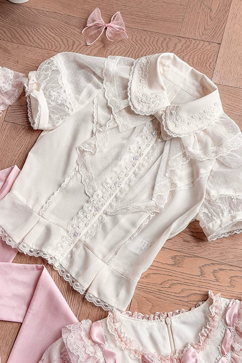 [Pre-order Deadline: May 8] Floral Sweet Elegant Lace Ribbon Layered Ruffle Blouse