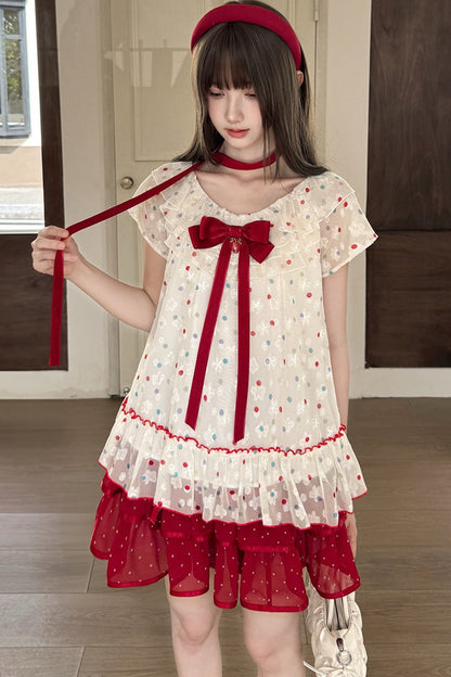 Berry Rococo Polka Dot Floral Short Top and Skirt Set-Up