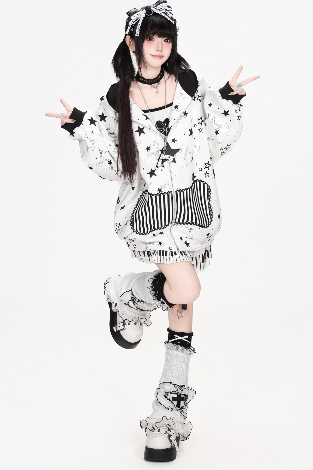 Star Print Hooded Sweatshirt Jacket