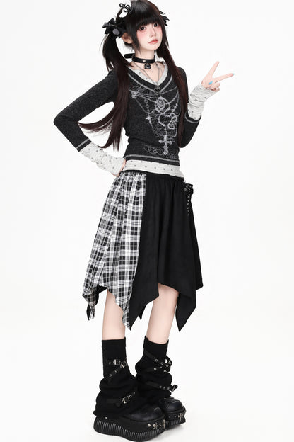 Hoch taillierter asymmetrischer karierter Patchwork-Rock