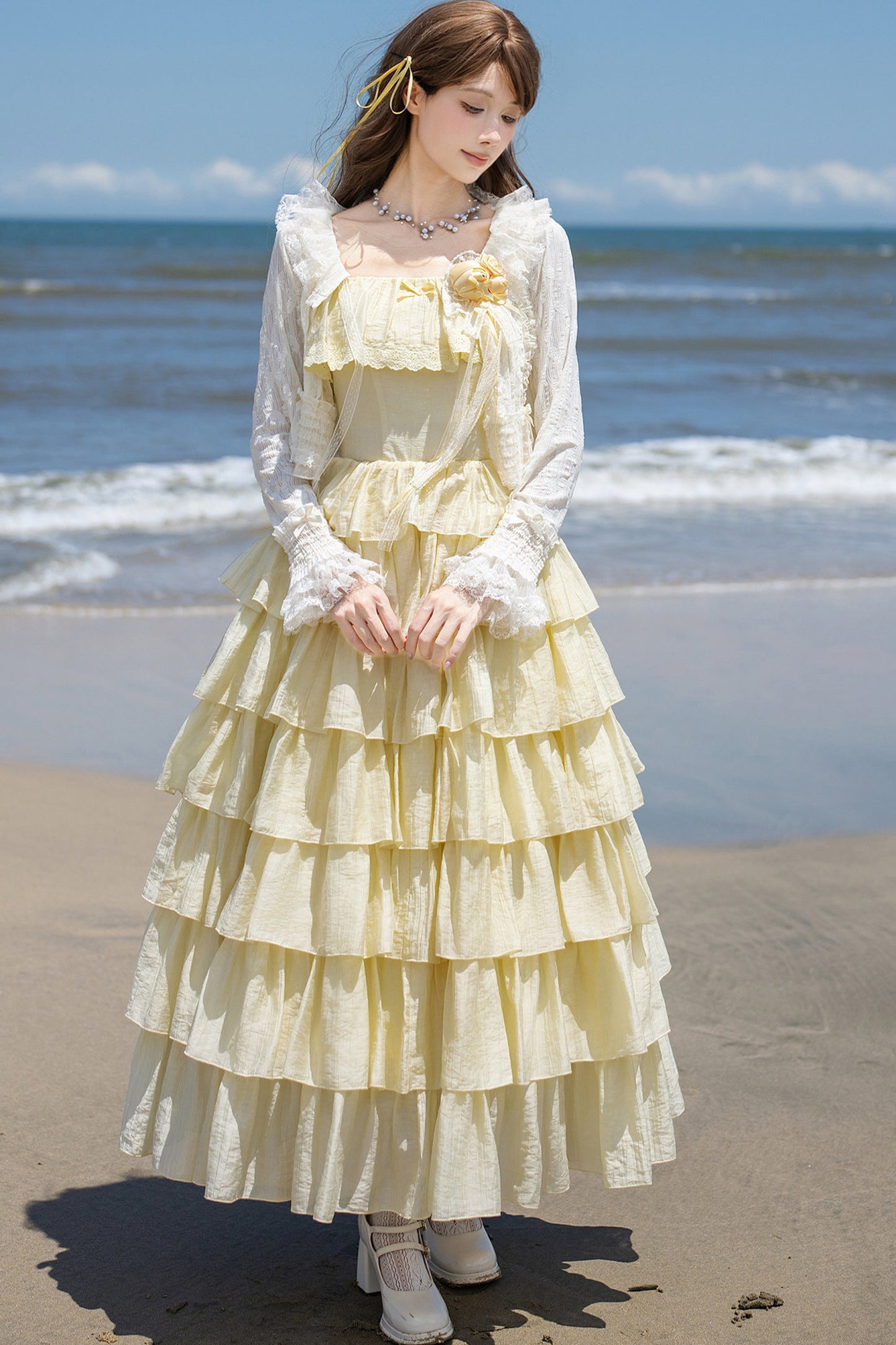 Seven-Layer Ruffle Square Neck Dress, Hair Accessory and Jacket Set-Up