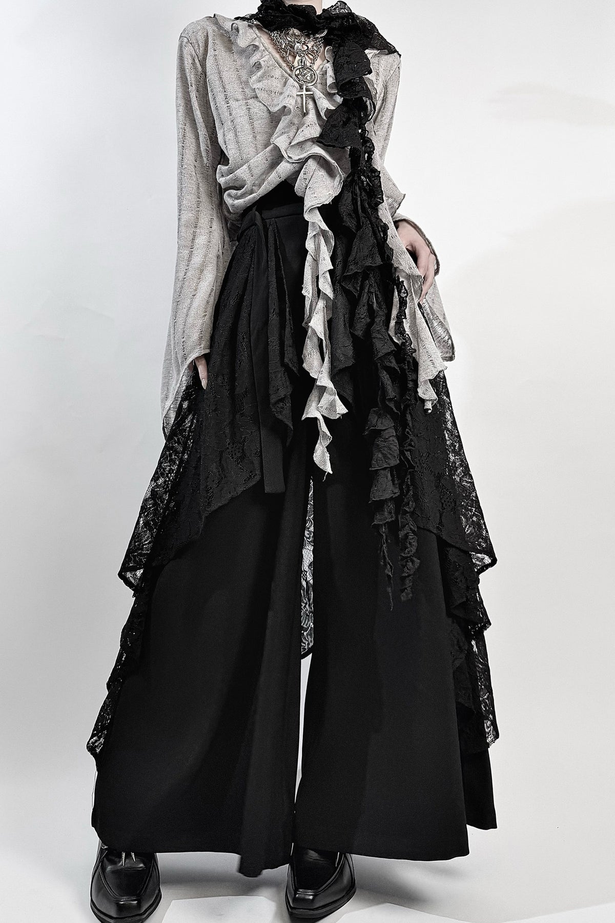 High-Waisted Lace Wide-Leg Skirt Set