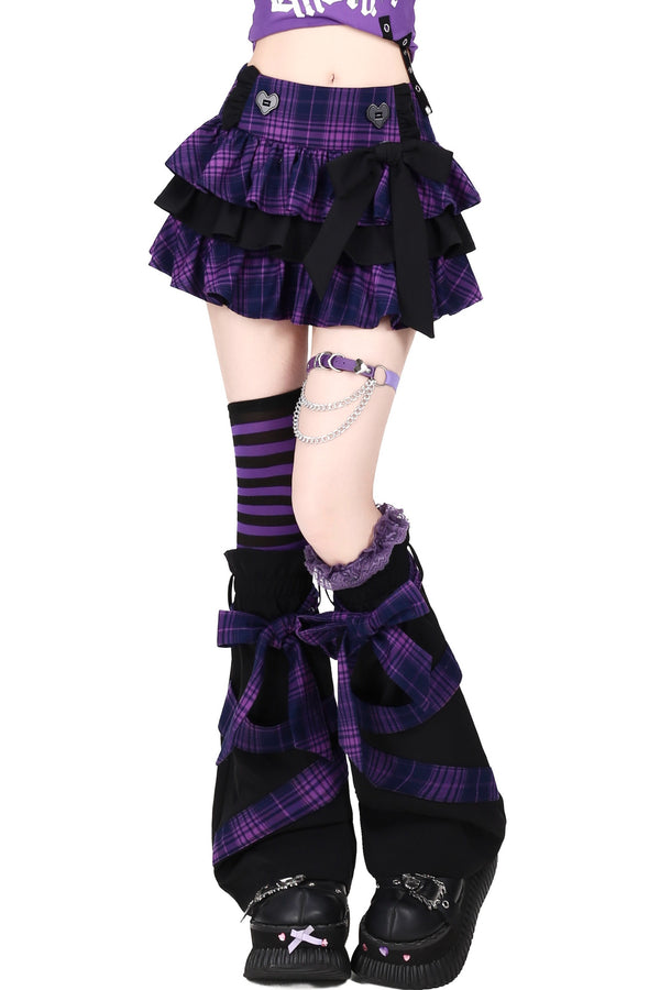 Plaid Bow Fluffy Cake Skirt With Leg Warmers Set