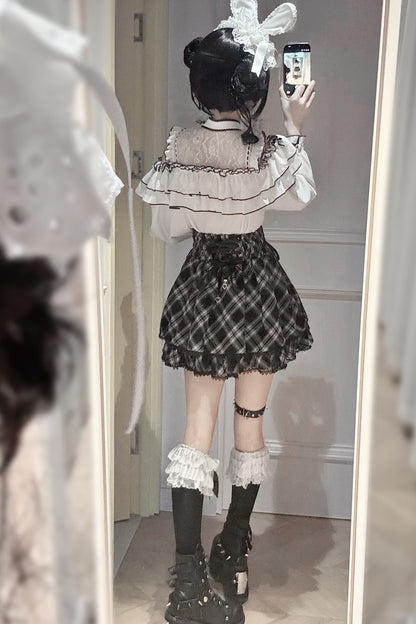 Long-Sleeved Lace Plaid Half Skirt and Top Set-Up