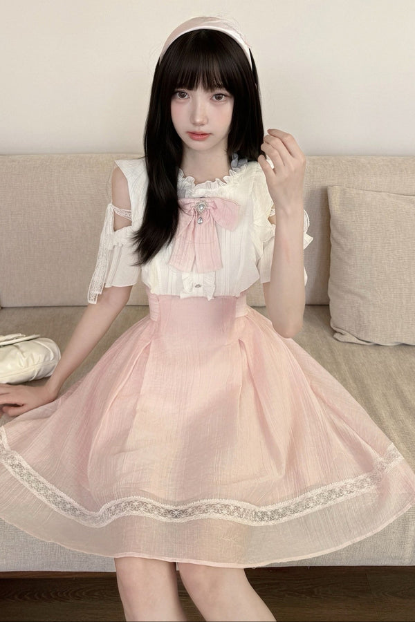 Pink And White Spliced Off-Shoulder Lace Dress