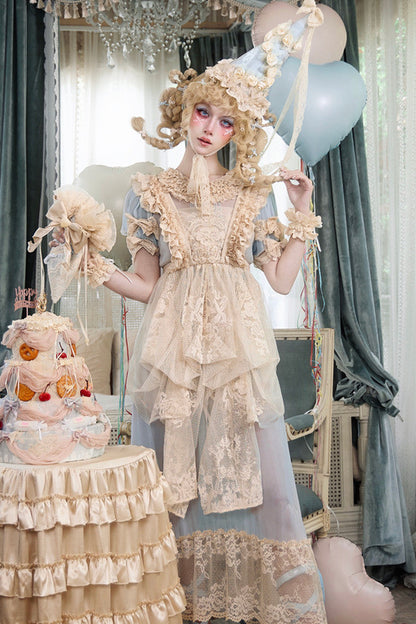 Cream Beige Doll-Like Lace Apron Dress