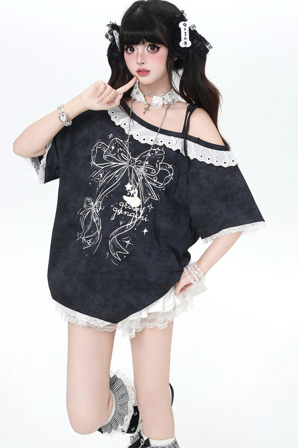 レースリボンオフショルTシャツ