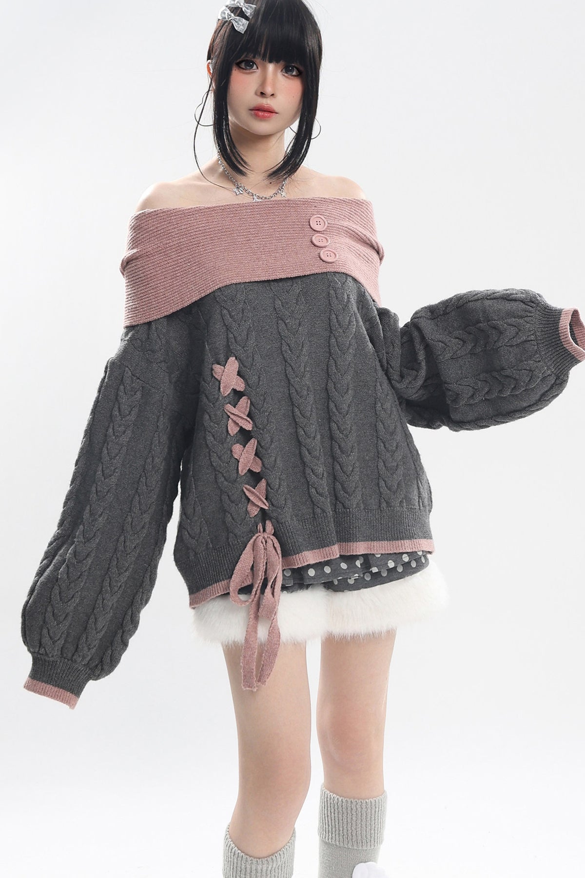 Off-Shoulder Cat Heart Knit Sweater