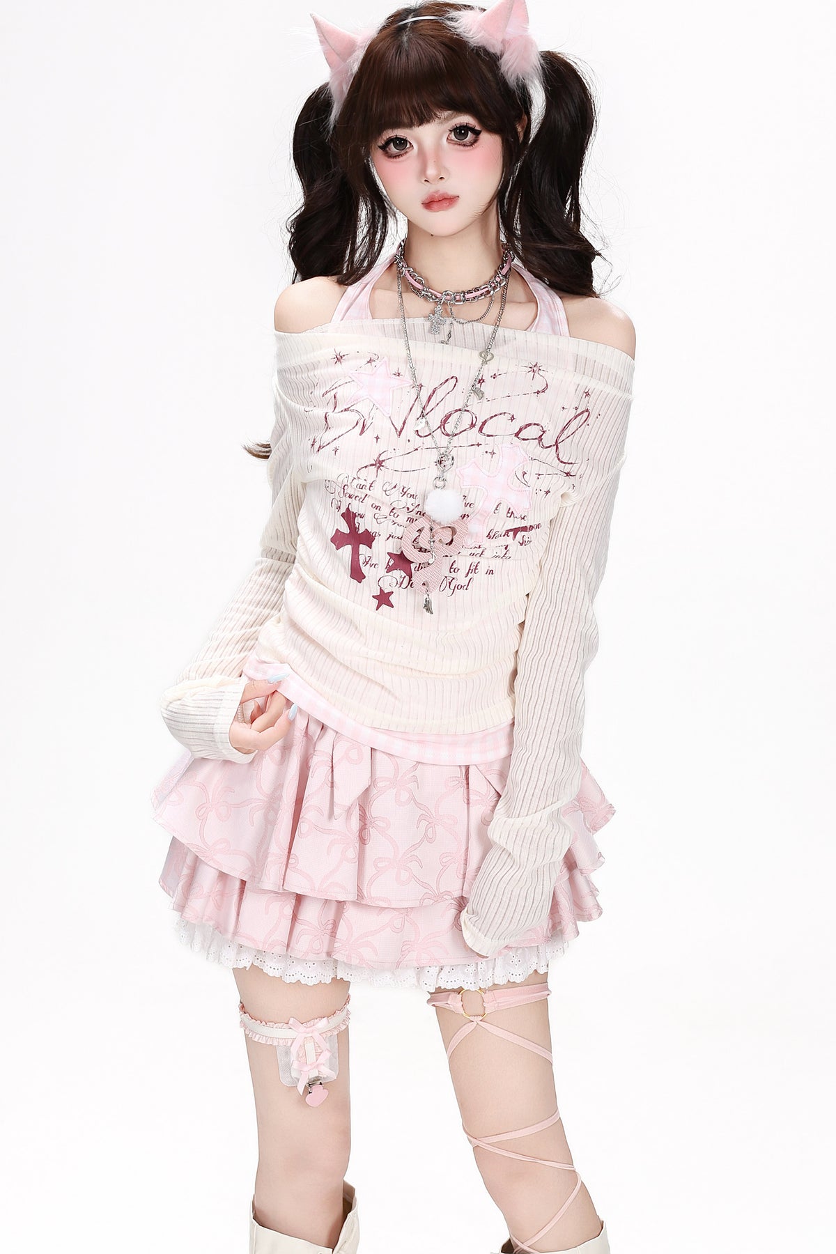 Plaid Letter Halter Long-Sleeve Cover-Up