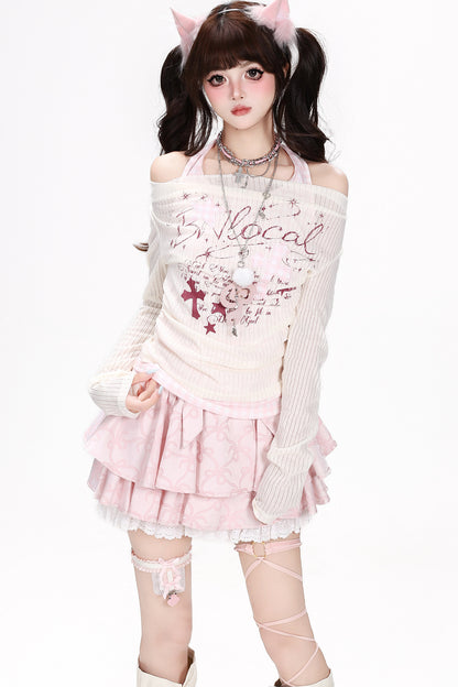 Plaid Letter Halter Long-Sleeve Cover-Up