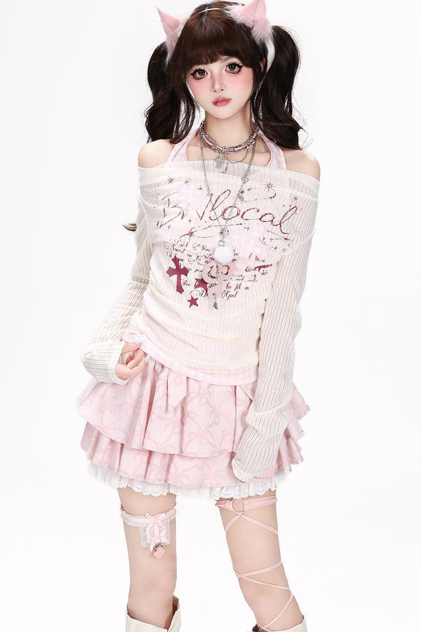 Plaid Letter Halter Long-Sleeve Cover-Up