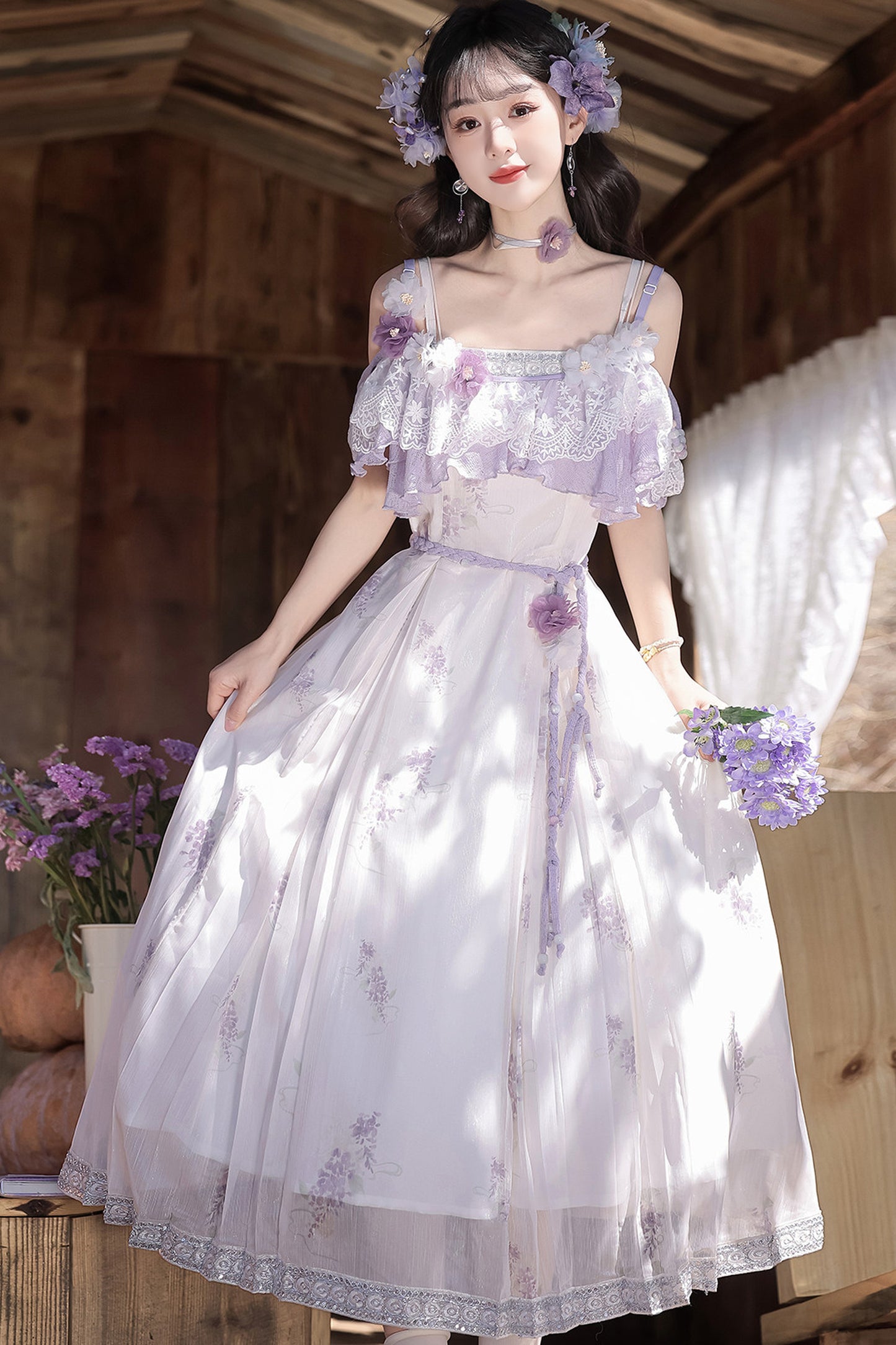 Wisteria Flower New Chinese Style Suspender Skirt and Top Set