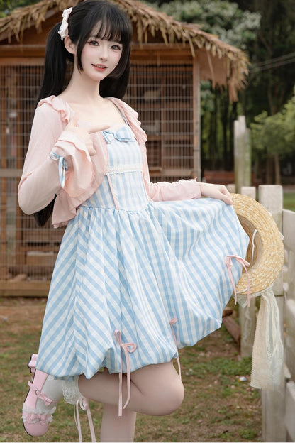 Sweet Plaid Ribbon Cami Dress & Cropped Jacket Set-Up