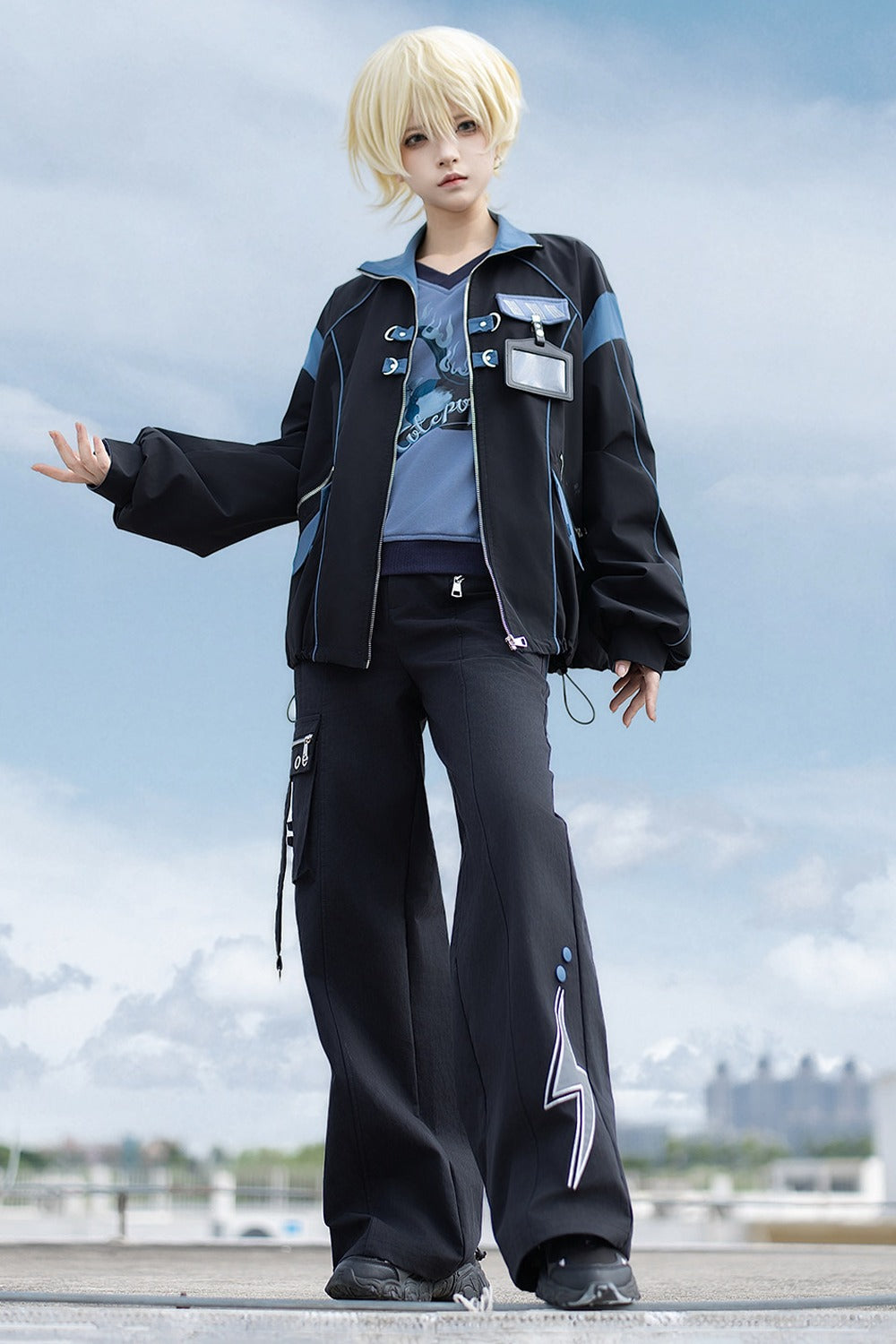 Schwarz-blaues Colorblock-Workwear-Jacken-Sweatshirt und weite Hose im Set