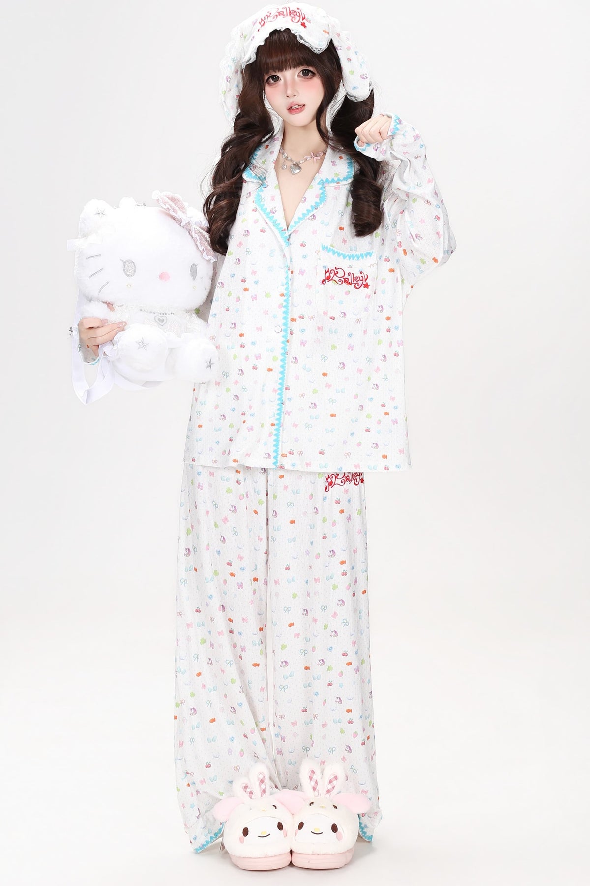 Colorful Bunny Print Long-Sleeved Pajama Top Set