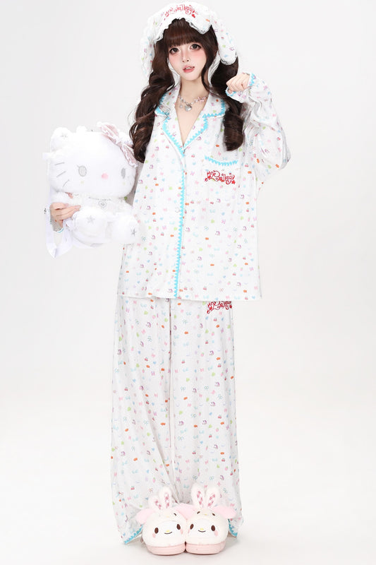 Colorful Bunny Print Long-Sleeved Pajama Top Set