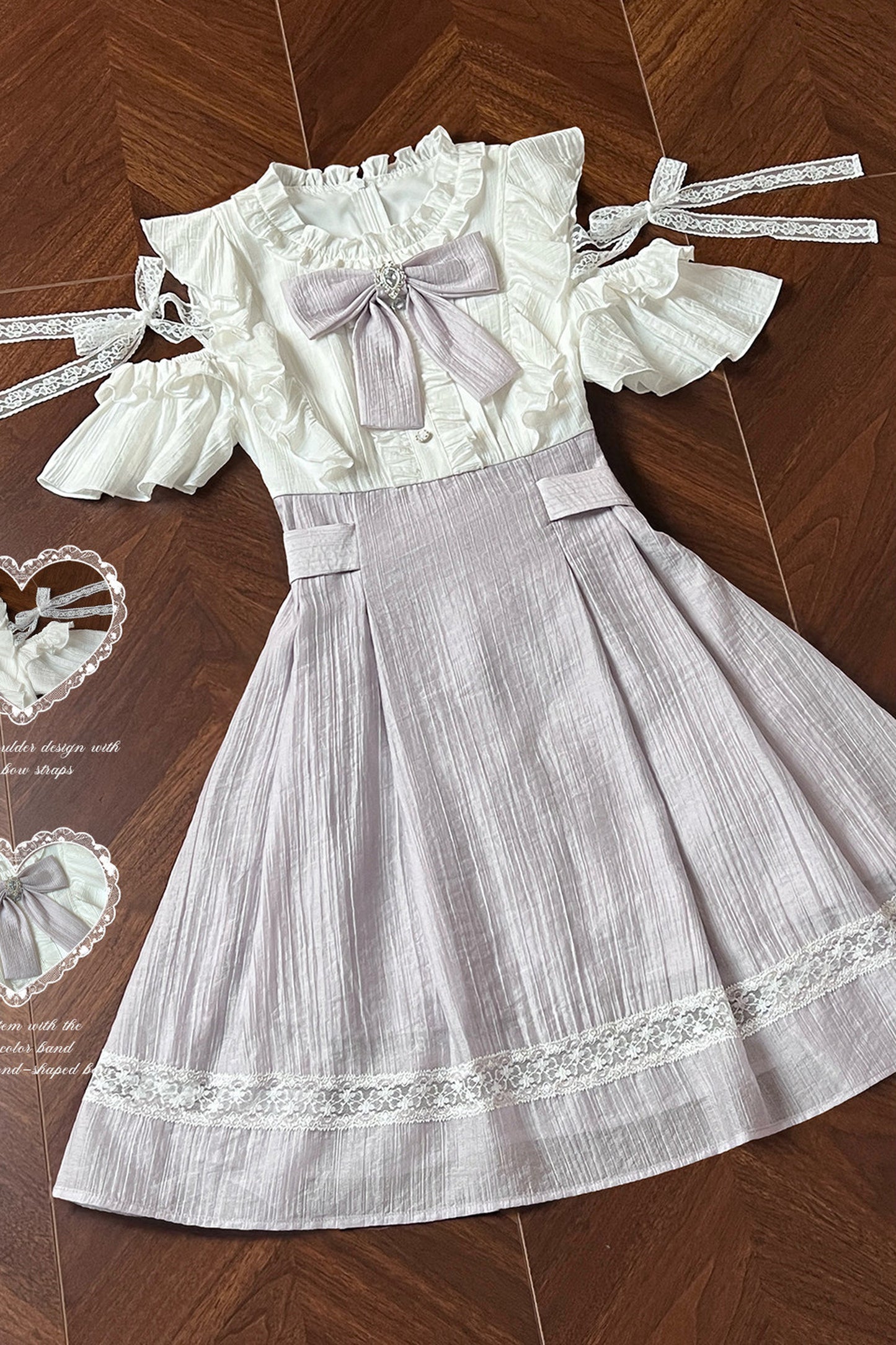 Lila schulterfreies Kurzarmkleid mit Gürtel