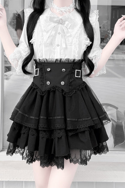 Cherry Short-Sleeved Lace Collar Shirt and Skirt Set-Up