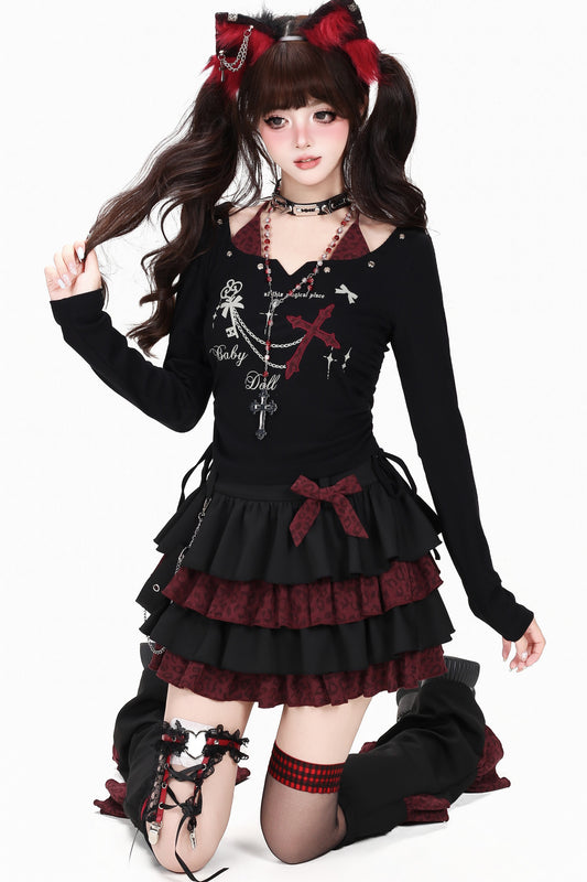 Layered-Look Halter Long-Sleeve Top and Skirt Set-Up