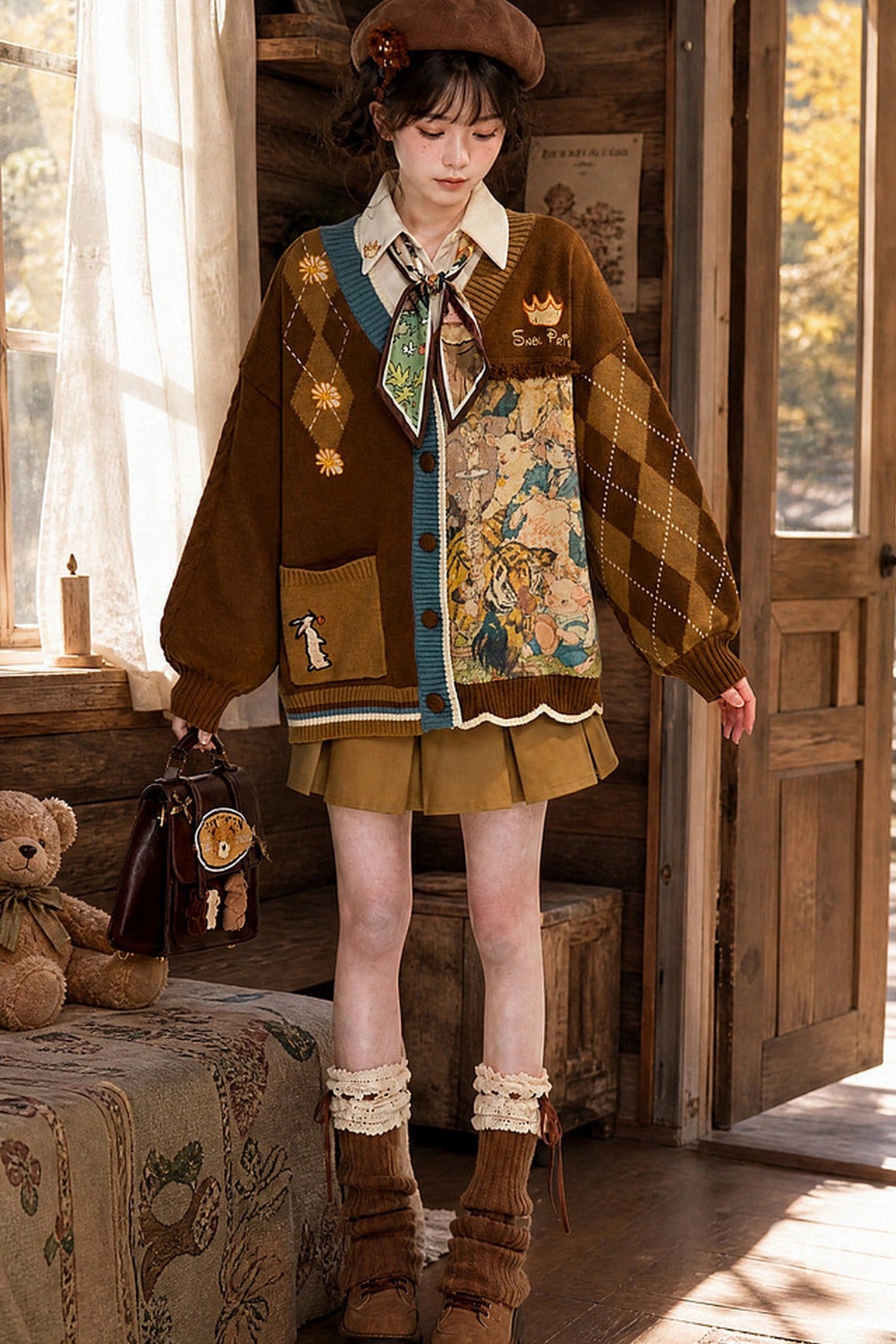 Vintage Oil Painting Knit Cardigan And Skirt