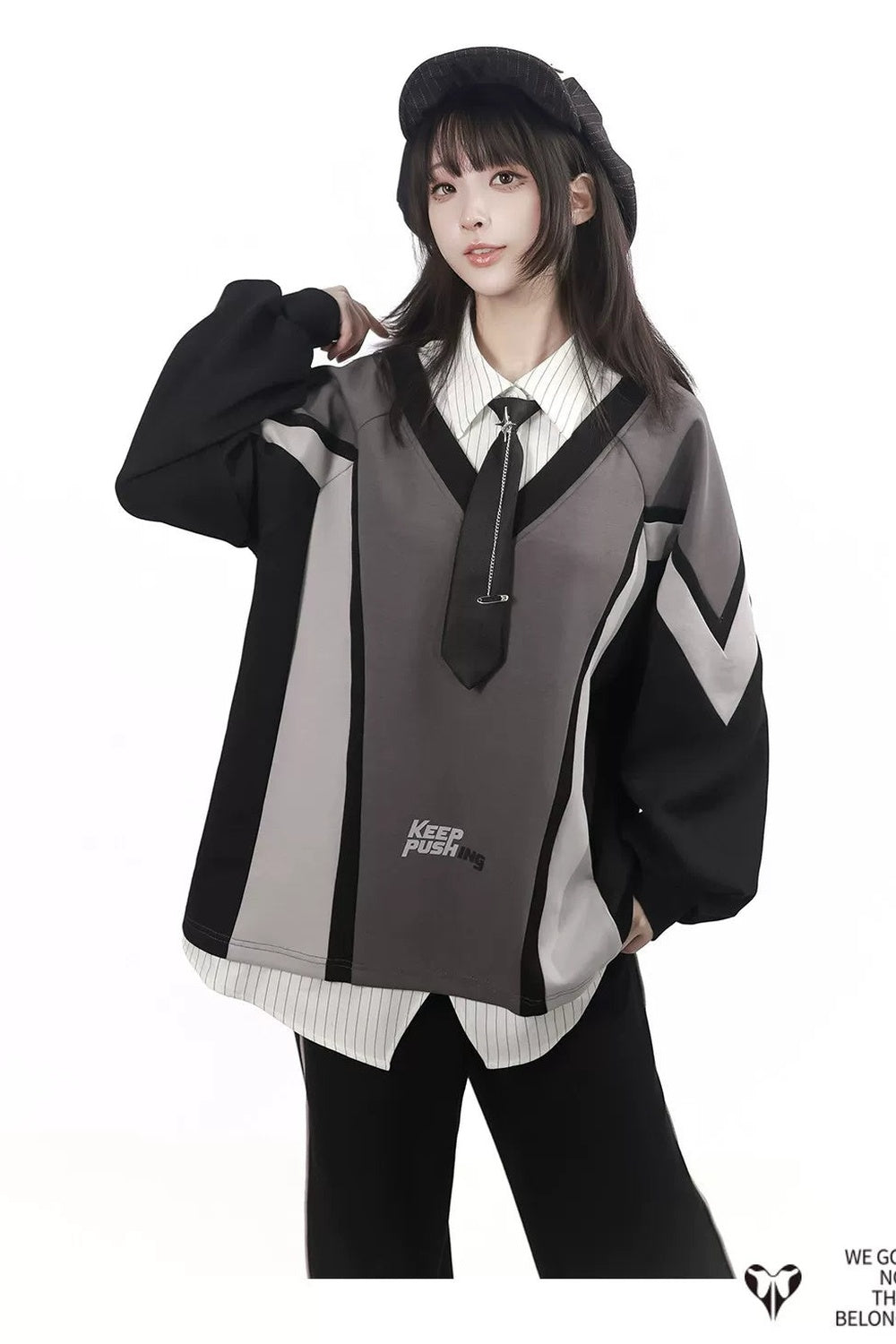 Black Gray Color Block Chain Tie Sweatshirt And Pants Set-Up